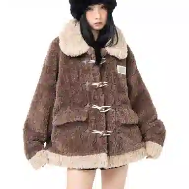 邓大喵 牛角扣羊羔毛外套女冬年轻款宽松加厚保暖毛绒绒环保皮草 女款