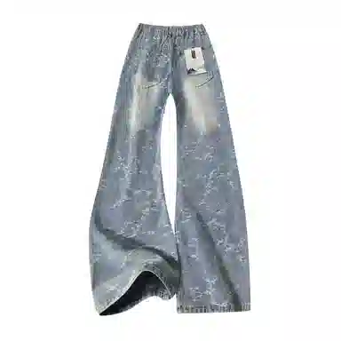 【提花万针刺绣黑牛】布客行 美式高街水洗花卉显高显瘦修身直筒垂感柔软舒适休闲百搭无性别主义微喇阔腿纽扣松紧腰牛仔裤 男女同款