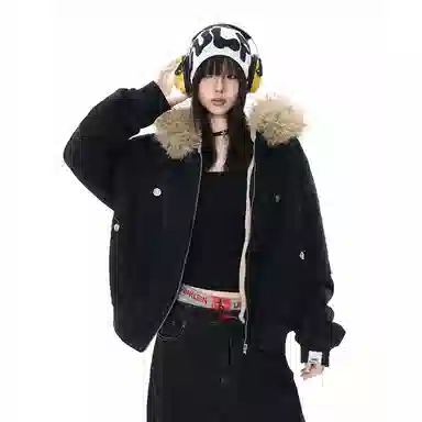 【dme】 潮牌美式复古座山雕毛领宽松连帽加厚外套男保暖设计感棉衣秋季时尚情侣中性休闲棉服 男女同款