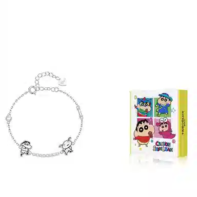 潮色绘 蜡笔小新联名 轻奢小众高级感首饰 日常通勤百搭蛇骨链 银色闪锆 粉色爱心贺卡#好运 铜 手链 女款