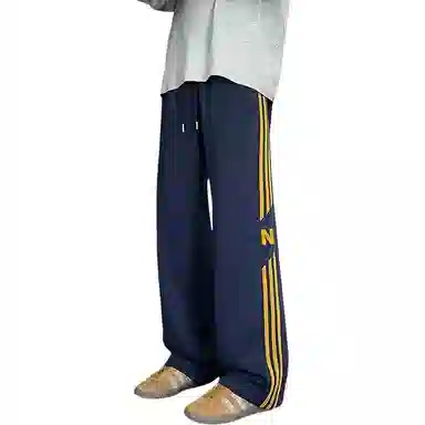 邦固依品 裤子男春秋季港风阔腿宽松运动大码直筒条纹长裤潮休闲裤 男款