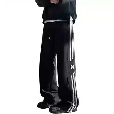 邦固依品 裤子男春秋季港风阔腿宽松运动大码直筒条纹长裤潮休闲裤 男款