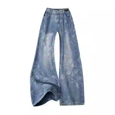 【万针刺绣提花蓝牛】布客行 修身显高显瘦美式高街水洗花卉柔软舒适休闲百搭垂感无性别主义微喇阔腿透气松紧腰直筒纹理牛仔裤 男女同款