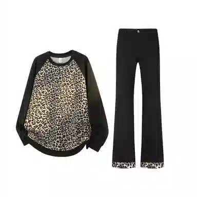 【暗黑豹纹免搭配一套】布客行 潮牌美式复古高街痞帅棕豹水洗做旧柳叶弯刀微喇显腿长裤子华棉重磅圆领长袖卫衣休闲运动套装 男女同款