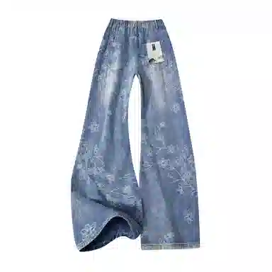 【万针刺绣提花蓝牛】布客行 修身显高显瘦美式高街水洗花卉柔软舒适休闲百搭垂感无性别主义微喇阔腿透气松紧腰直筒纹理牛仔裤 男女同款