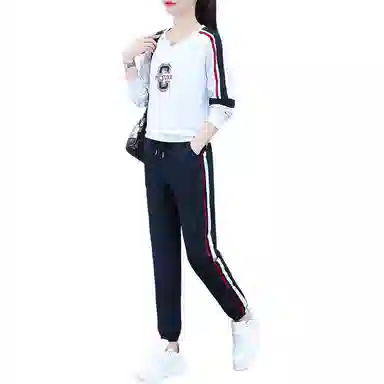 缪斯的诱惑 美式高街春秋整套穿搭宽松纯色刺绣字母拼接长袖上衣束脚长裤两件套百搭时尚舒适轻便潮流洋气减龄显瘦复古运动休闲卫衣套装 女款