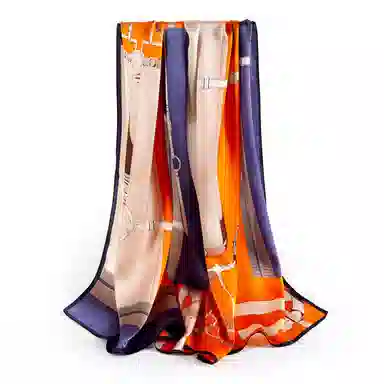 一米画纱 青春洋气丝滑优雅链条抽象图案长款披肩素绉缎出游装饰百搭长巾 桑蚕丝 丝巾 女款