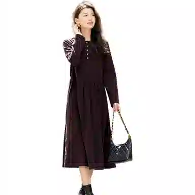 【dme】 秋季复古半开襟圆领抽皱收腰伞裙中长款暖暖的德绒经典设计高腰修身优雅气质百搭款式时尚显瘦法式风格拼接 长袖连衣裙 女款