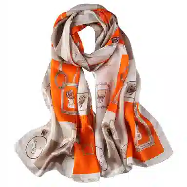 一米画纱 青春洋气丝滑优雅链条抽象图案长款披肩素绉缎出游装饰百搭长巾 桑蚕丝 丝巾 女款