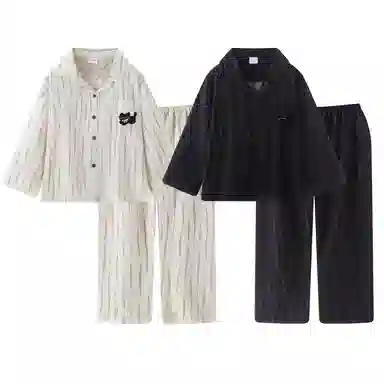 静英鸾 翻领条纹可爱小猫休闲舒适家居服睡衣套装 男女同款