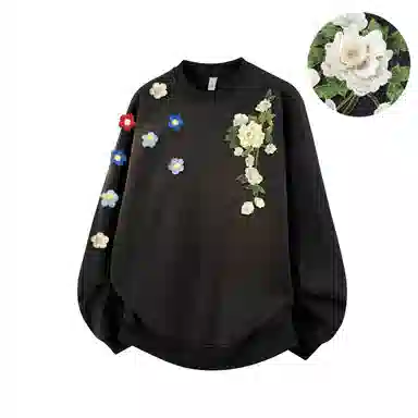 【万针立体刺绣系列】布客行 美式复古植物花卉文艺风纯色基础简约百搭高级感高街潮流休闲舒适学院华棉重磅长袖套头卫衣 男女同款