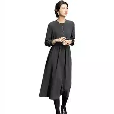 【dme】 秋季复古半开襟圆领抽皱收腰伞裙中长款暖暖的德绒经典设计高腰修身优雅气质百搭款式时尚显瘦法式风格拼接 长袖连衣裙 女款