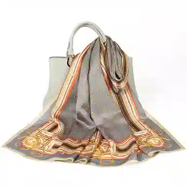 一米画纱 青春洋气丝滑优雅链条抽象图案长款披肩素绉缎出游装饰百搭长巾 桑蚕丝 丝巾 女款