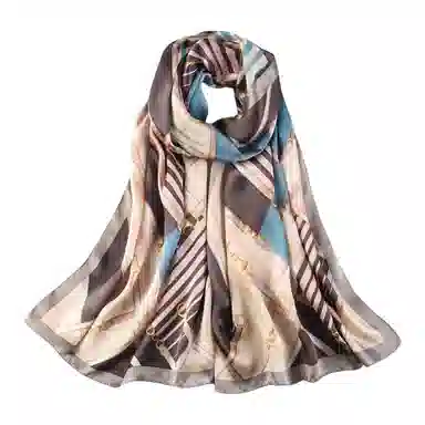 一米画纱 青春洋气丝滑优雅链条抽象图案长款披肩素绉缎出游装饰百搭长巾 桑蚕丝 丝巾 女款