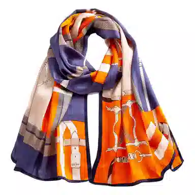 一米画纱 青春洋气丝滑优雅链条抽象图案长款披肩素绉缎出游装饰百搭长巾 桑蚕丝 丝巾 女款