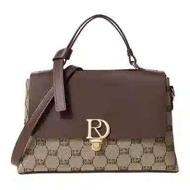 红蜻蜓 经典复古拼接简约高级感 字母小众设计百搭 织物 女包手提斜挎单肩包 春夏季 中号 女款 咖啡色/棕色