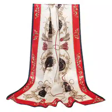 一米画纱 青春洋气丝滑优雅链条抽象图案长款披肩素绉缎出游装饰百搭长巾 桑蚕丝 丝巾 女款