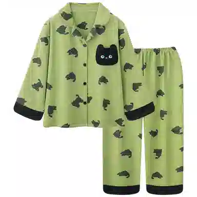 静英鸾 卡通小猫翻领时尚甜美风德绒加厚保暖家居服睡衣套装 女款