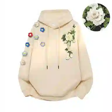 【万针立体刺绣系列】布客行 美式复古文艺风植物花卉工艺纯色基础简约百搭高级高街潮流休闲舒适学院华棉重磅长袖连帽卫衣 男女同款