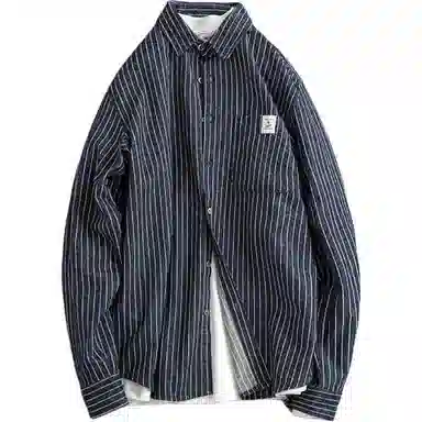宫奴 日系休闲潮牌复古条纹宽松翻领磨毛衬衫 男女同款