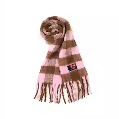 红豆 爱心条纹撞色加绒柔软舒适格子流苏 聚酯纤维 绒线围巾 男女同款情侣款