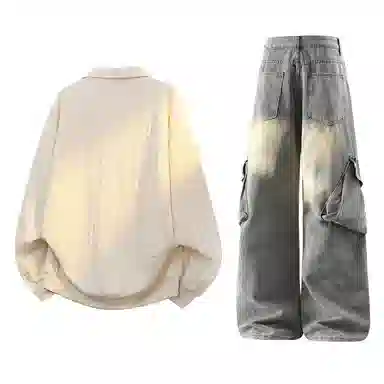 梓润格 秋季美式潮流复古纯色假两件拼接设计感翻领潮牌宽松情侣休闲百搭时尚长袖卫衣街头感工装多口袋微喇牛仔长裤套装 男女同款