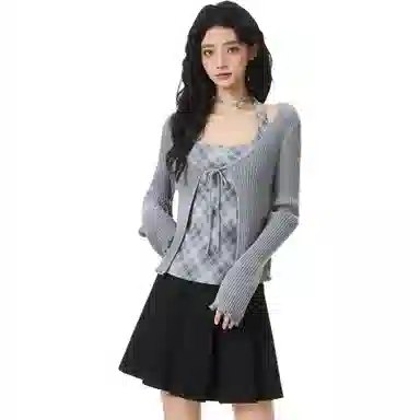 淑好百 针织格纹挂脖休闲套装 女款