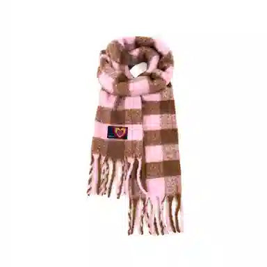 红豆 爱心条纹撞色加绒柔软舒适格子流苏 聚酯纤维 绒线围巾 男女同款情侣款