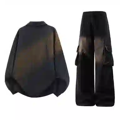 梓润格 秋季美式潮流复古纯色假两件拼接设计感翻领潮牌宽松情侣休闲百搭时尚长袖卫衣街头感工装多口袋微喇牛仔长裤套装 男女同款