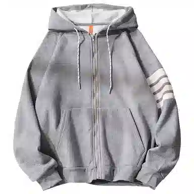 乱步 美式复古连帽华夫格开衫 拉链卫衣秋冬四条杠外套情侣装 男女同款