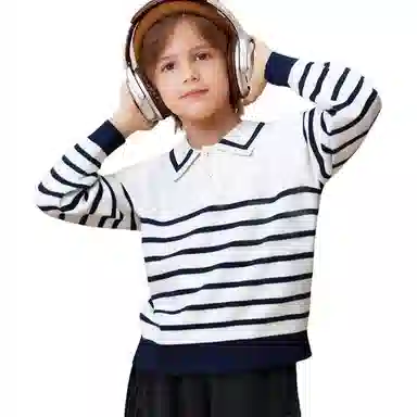 十月妈咪毛衣 线衫条纹翻领 儿童款