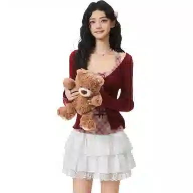 淑好百 针织格纹挂脖休闲套装 女款