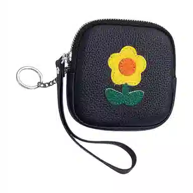 掐尖 真皮小香风花朵钱袋手腕手拿包创意向日葵收纳包 头层牛皮 零钱包 常规 女款 黑色/白色/灰色