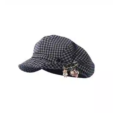 心水好物 韩式优雅千鸟格纹显脸小可爱别针卷边时尚文艺 棉 贝雷帽 女款