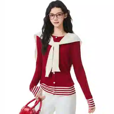 淑好百 学院风撞色条纹开衫针织衫 女款