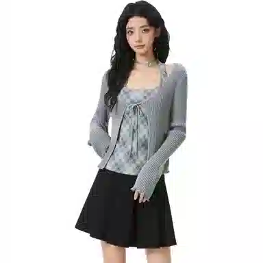 淑好百 针织格纹挂脖休闲套装 女款