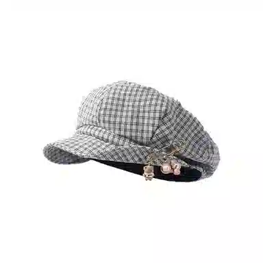 心水好物 韩式优雅千鸟格纹显脸小可爱别针卷边时尚文艺 棉 贝雷帽 女款