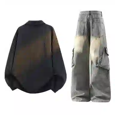 梓润格 秋季美式潮流复古纯色假两件拼接设计感翻领潮牌宽松情侣休闲百搭时尚长袖卫衣街头感工装多口袋微喇牛仔长裤套装 男女同款