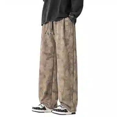 顶峰保罗 美式高街宽松大码长裤垂感复古做旧潮牌简约百搭显高显瘦痞帅直筒运动拖地休闲裤 男女同款