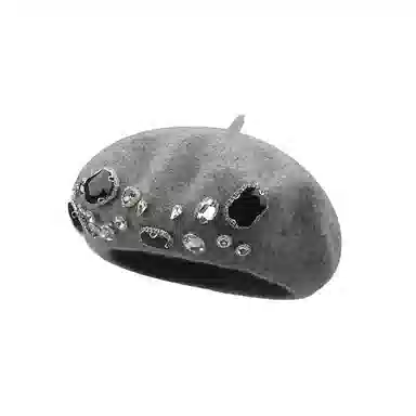 钓鱼熊 重工水钻百搭羊毛呢时尚保暖画家帽百搭显脸小 聚酯纤维 贝雷帽 男女同款情侣款