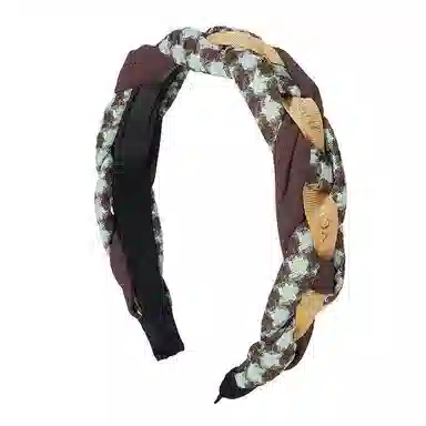 希铃 棕绿格纹编织麻花高颅顶 布艺 发箍 女款