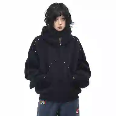 洋气先生 美式复古高街铆钉开衫连帽拼接设计通勤休闲皆可简约纯色基础款百搭潮牌宽松透气舒适柔软慵懒氛围感外套卫衣 男女同款