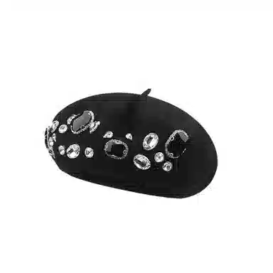 钓鱼熊 重工水钻百搭羊毛呢时尚保暖画家帽百搭显脸小 聚酯纤维 贝雷帽 男女同款情侣款