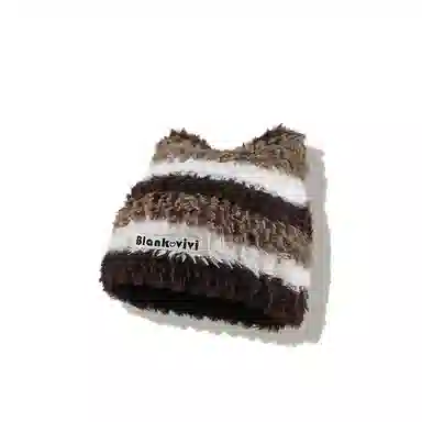 【甜酷Y2k~小猫模拟器】 攸委 韩版撞色条纹可爱猫耳朵毛线帽子秋冬季保暖加厚防寒 涤纶 针织套头毛绒线包头帽护耳帽 男女同款情侣款