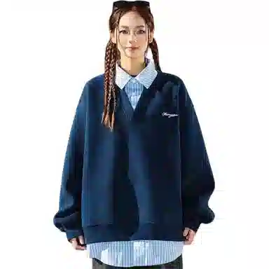 洋气先生 美式复古高街假两件条纹拼接设计宽松情侣外套通勤休闲皆可简约纯色基础款百搭潮牌透气舒适柔软慵懒氛围感卫衣 男女同款