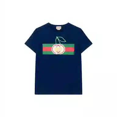 GUCCI Kids FW22 Logo Stripe Print T-Shirt Blue