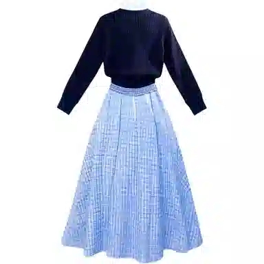 柏黛妃 格子合身高腰圆领适中长袖裙装套装 女款