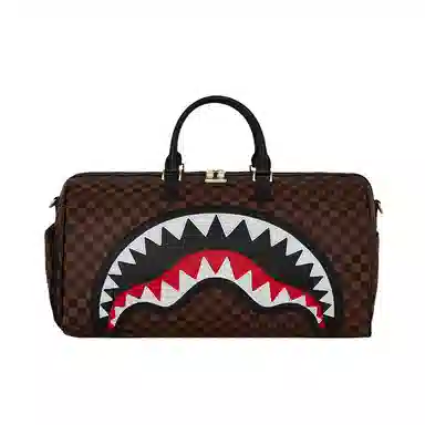 Sprayground Shark Logo Checkerboard Travel Bag Brown