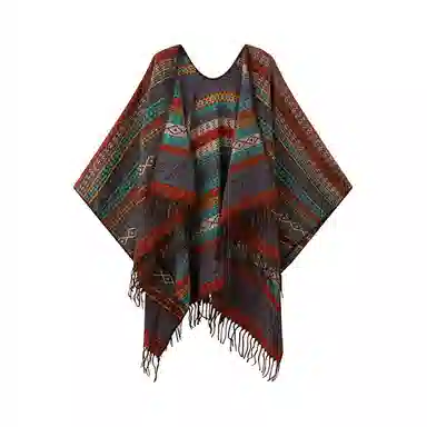 浪莎 外搭民族风流苏薄款条纹撞色百搭 聚酯纤维 披肩 女款