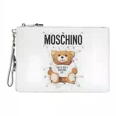Moschino Teddy Bear Zip Leather Clutch Large White